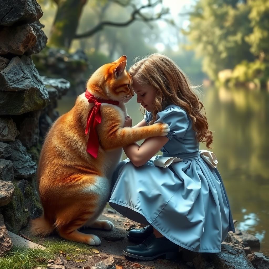 alice in wonderland kneeling to hug red ribbon cat by Free AI Image Generator & Maker - No login required✨ | AIGAZOU