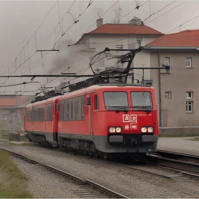 Rote Elektrolokomotive mit Stromabnehmer auf dem Dach,  1Frontfenster, 1Seitenfenster, Windschnittig by Ücretsiz AI Görüntü Oluşturucu - Giriş gerektirmez✨ | AIGAZOU