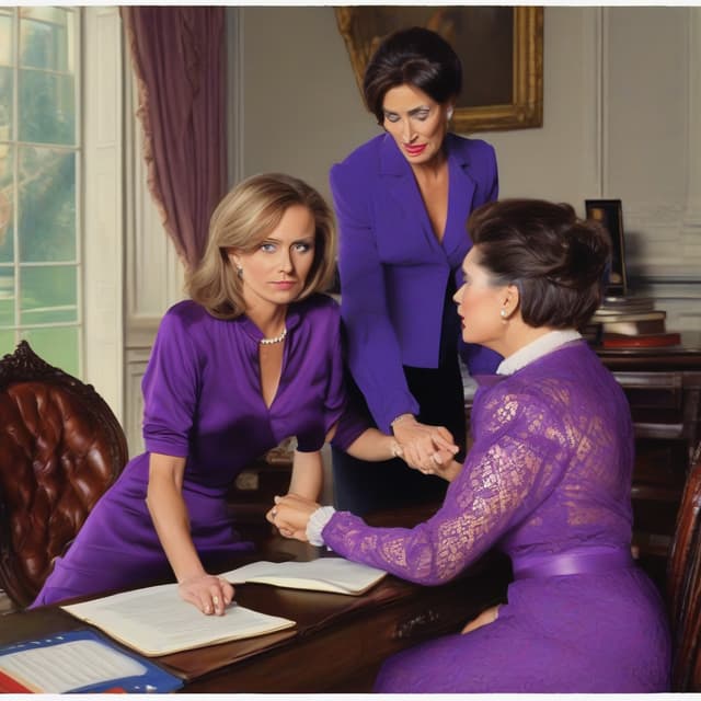 Strict female teacher wearing an Open purple Silk blouse, Puts her Hand at the Edge of her glasses. A second Lady in Dessous bends her knees in Front of the First Lady. by Ücretsiz AI Görüntü Oluşturucu - Giriş gerektirmez✨ | AIGAZOU