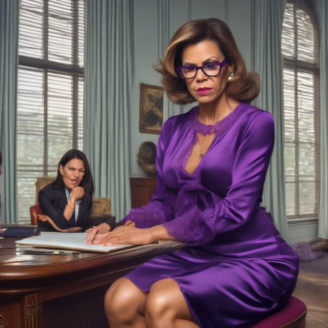 Strict female teacher wearing an Open transparent purple Silk blouse, Puts her Hand at the Edge of her glasses. A second Lady in Dessous bends her knees in Front of the First Lady. by Ücretsiz AI Görüntü Oluşturucu - Giriş gerektirmez✨ | AIGAZOU