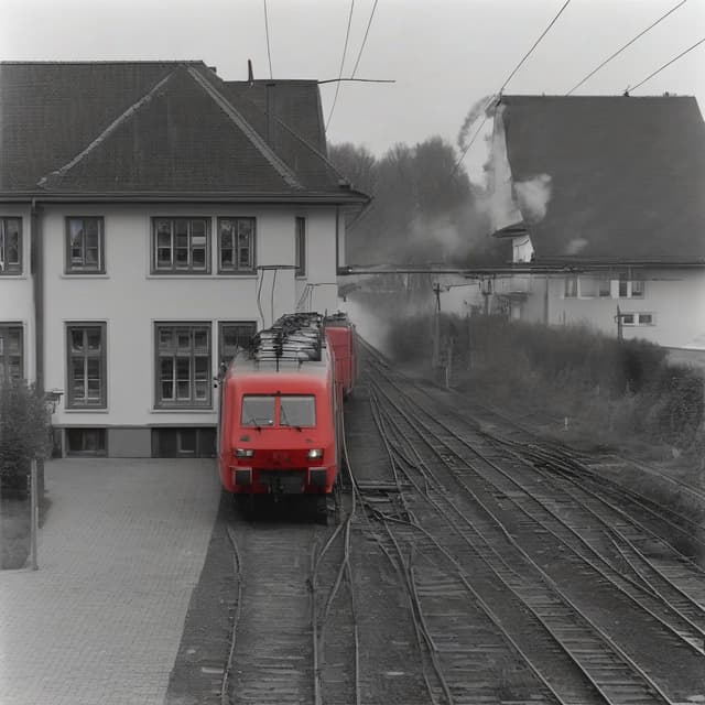 Rote Elektrolokomotive mit Stromabnehmer auf dem Dach,  1Frontfenster, 1Seitenfenster, Windschnittig by Ücretsiz AI Görüntü Oluşturucu - Giriş gerektirmez✨ | AIGAZOU