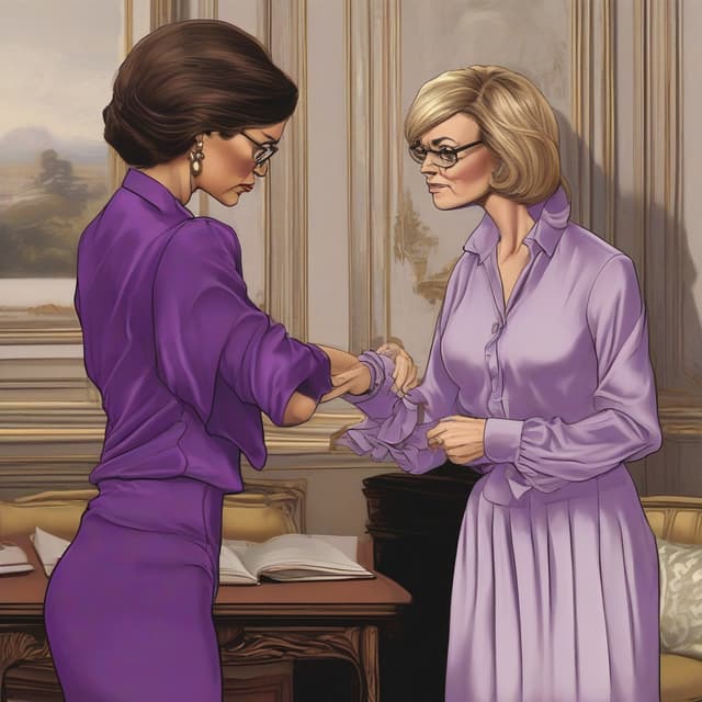 Strict female teacher wearing an Open purple Silk blouse, Puts her Hand at the Edge of her glasses. A second Lady in Dessous bends her knees in Front of the First Lady. by Ücretsiz AI Görüntü Oluşturucu - Giriş gerektirmez✨ | AIGAZOU